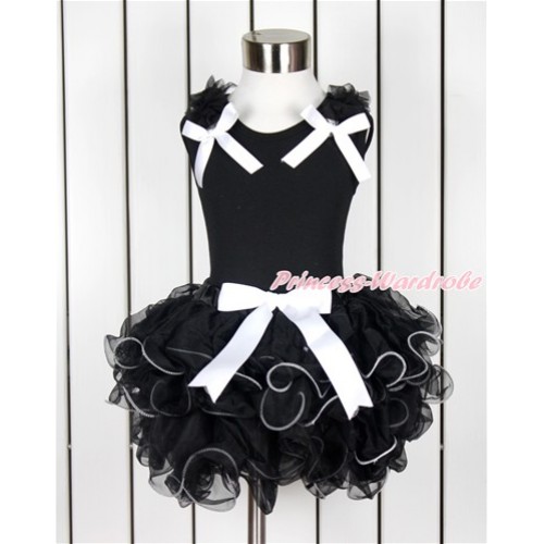 Black Baby Pettitop with Black Ruffles & White Bow with White Bow Black Petal Newborn Pettiskirt NG1376 
